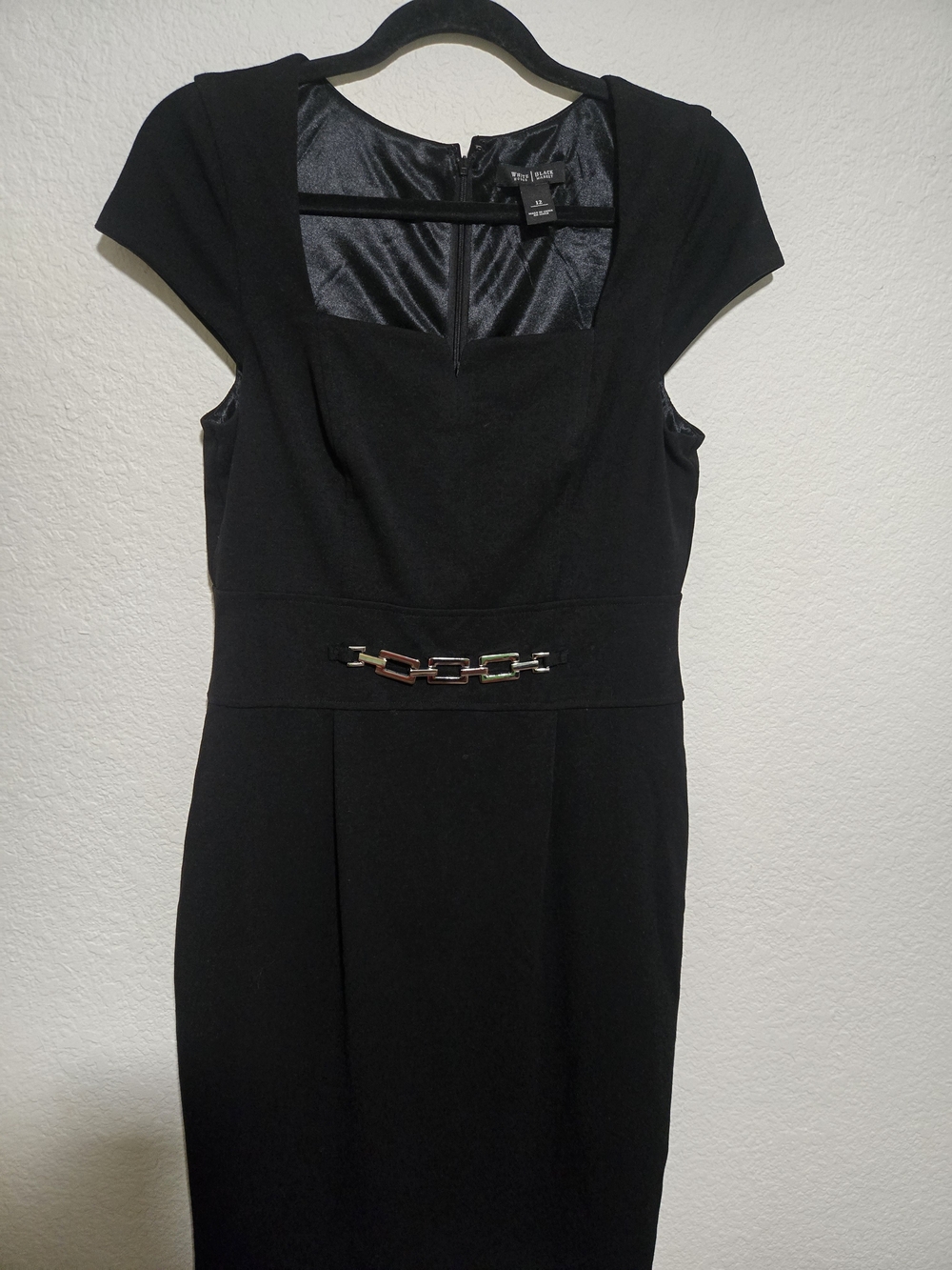 White House Black Market Black Cap-Sleeve Dress with Chain Waist Accent
